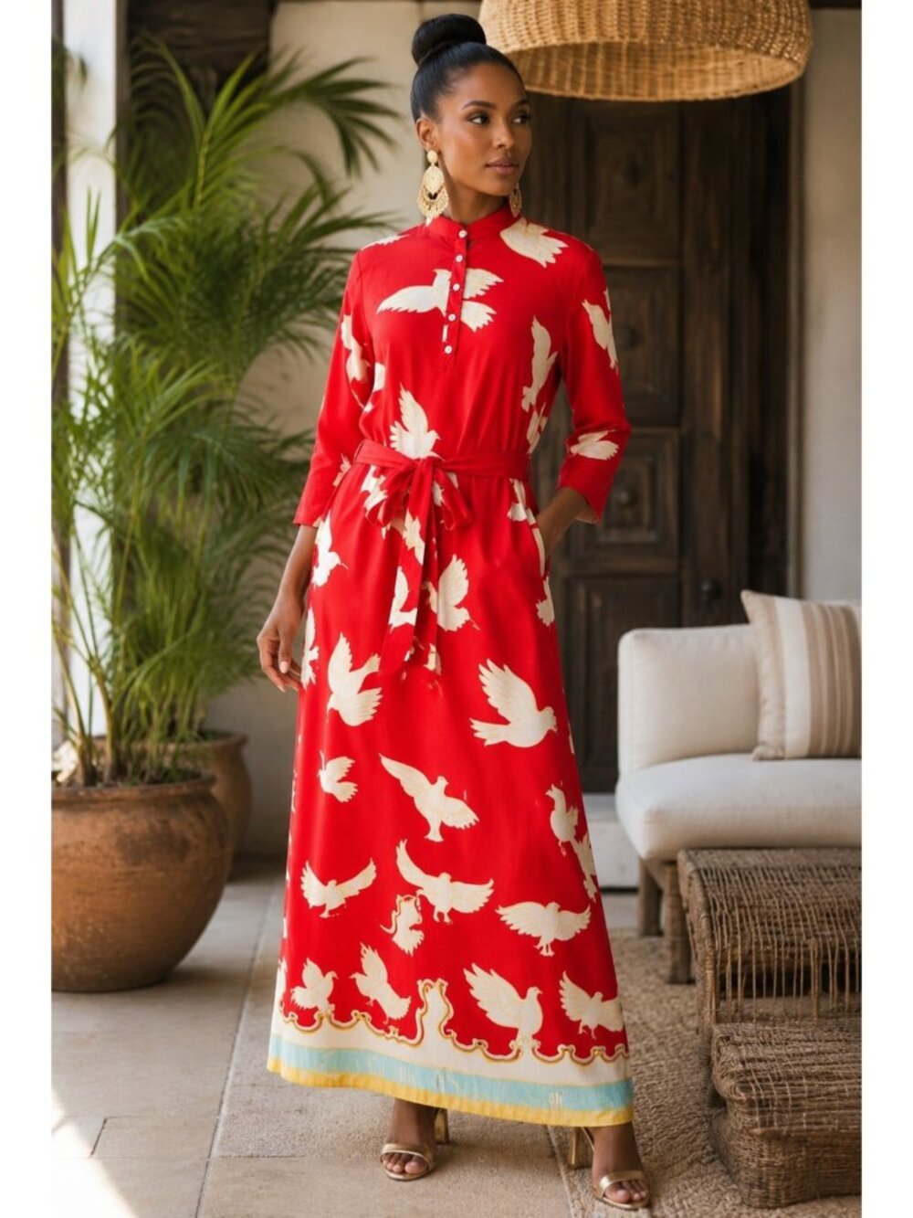 Moda Posa XL Red Bird Orint Maxi Dress Tue waist Mandarin Collar Boho Resort